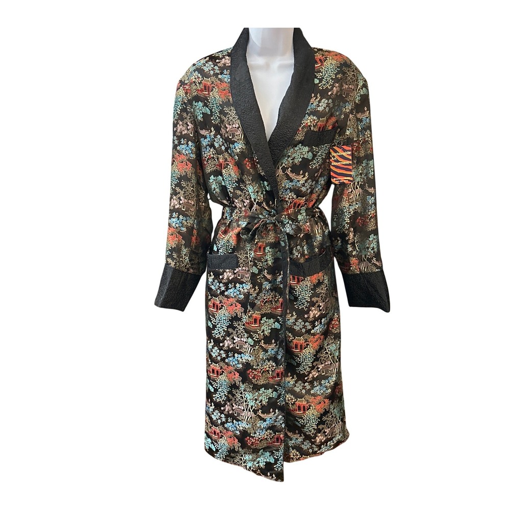 Vintage Souice Chinese Smoking Robe Deadstock Pagoda Scenic Satin Belted Jacket
